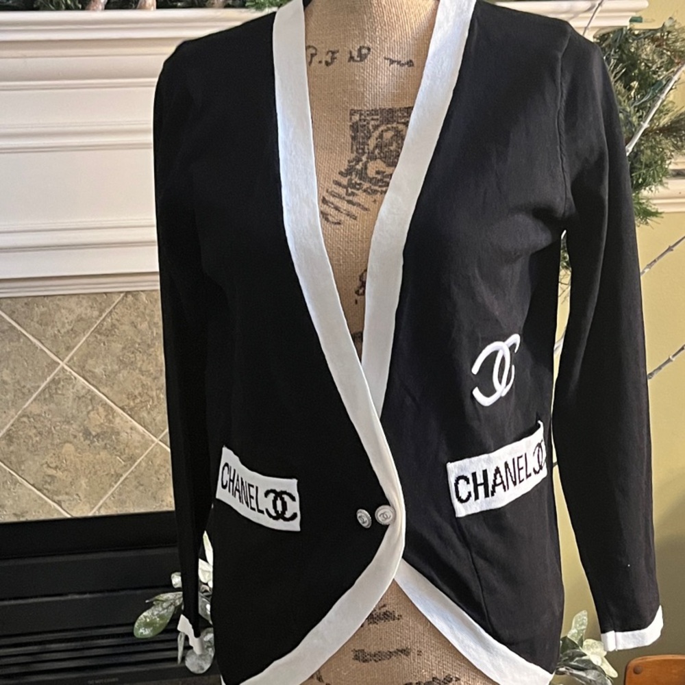 CHANEL Black Cardigan with White Accents